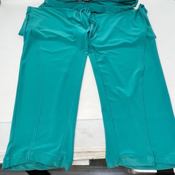 Sympli Teal High Rise Pull On Knit Scalloped Cross Over Wide Leg Pants Size 12 - Picture 8 of 13